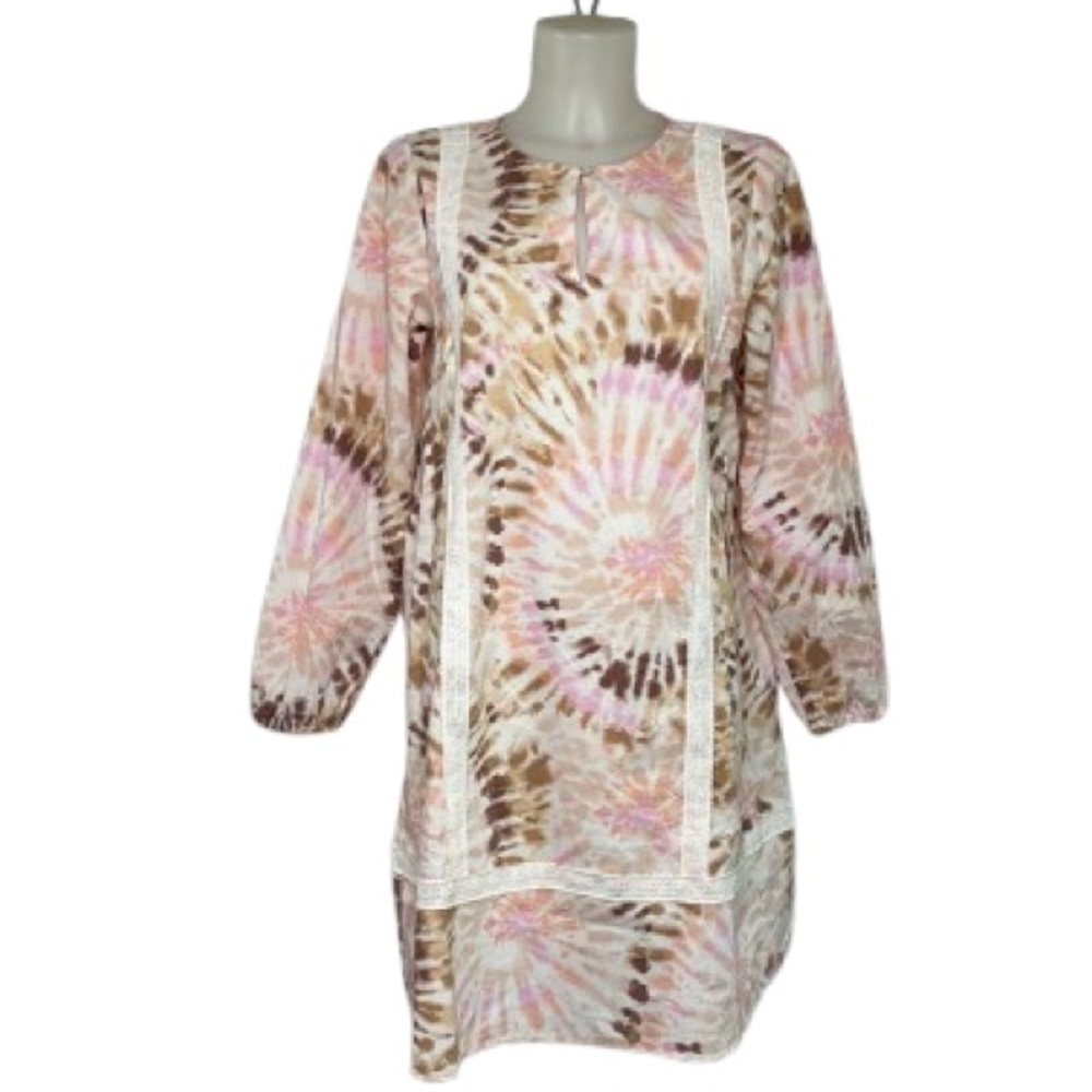 Land’s End Poplin Cotton Split Neck Tie Dye Eyelet Dress Size 10